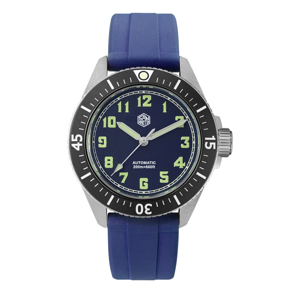 San Martin SN040-G with blue full-numeral dial on blue rubber strap