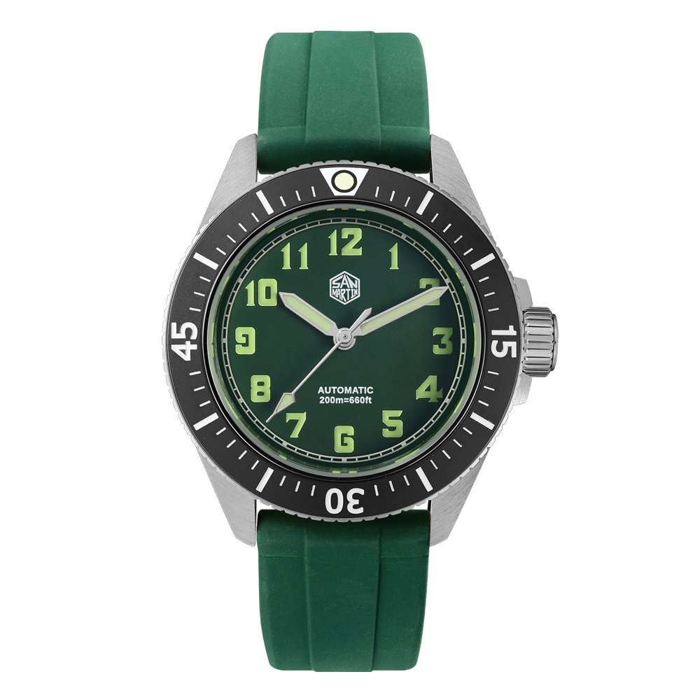 San Martin SN040-G with green full-numeral dial on green rubber strap