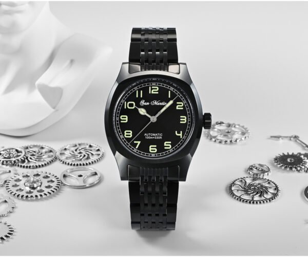 New Arrivals SAN MARTIN original 38mm mechanical watch 200 meters waterproof black plated PT5000 and SW200 movement SN026-G-AH