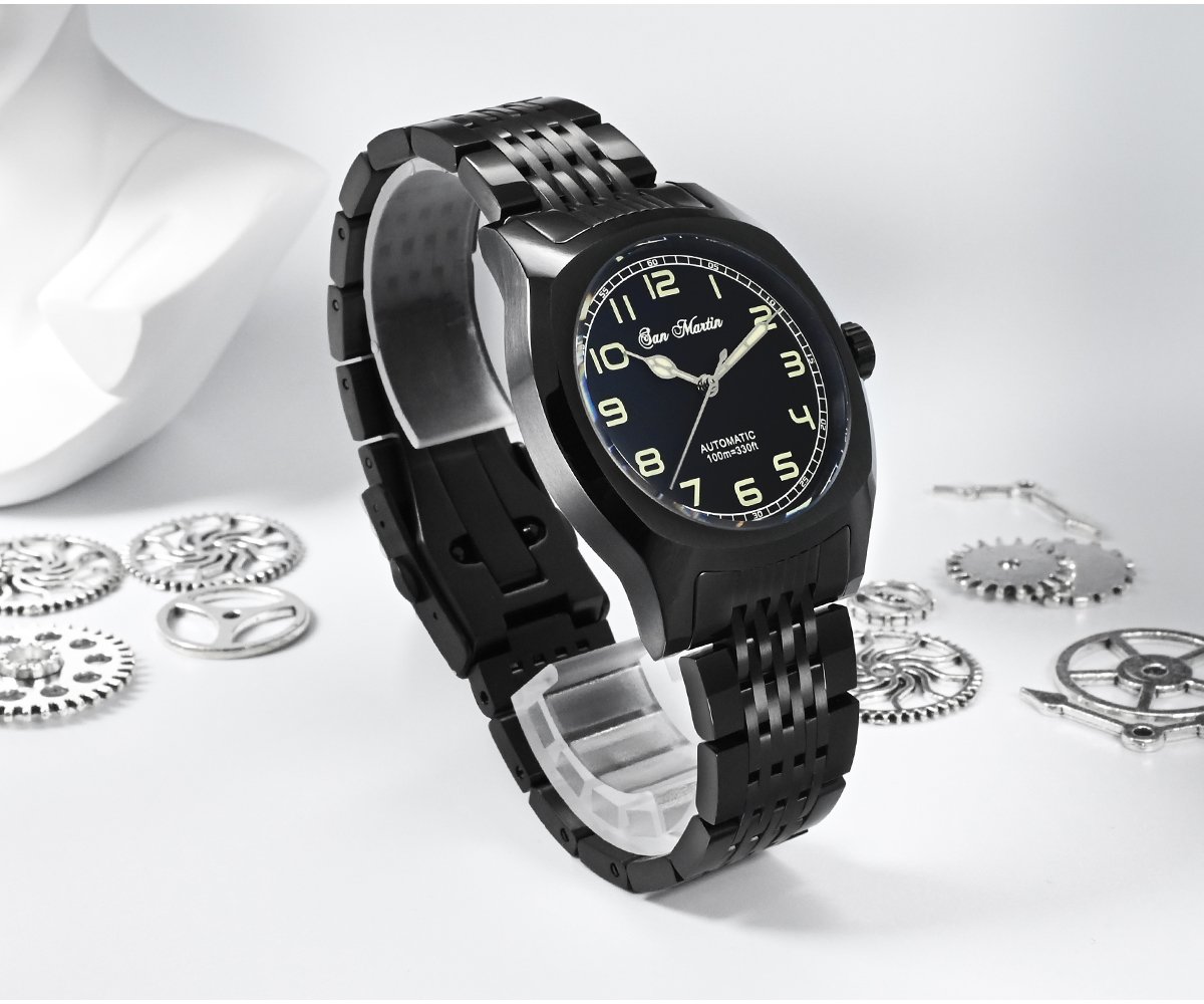 New Arrivals SAN MARTIN original 38mm mechanical watch 200 meters waterproof black plated PT5000 and SW200 movement SN026-G-AH