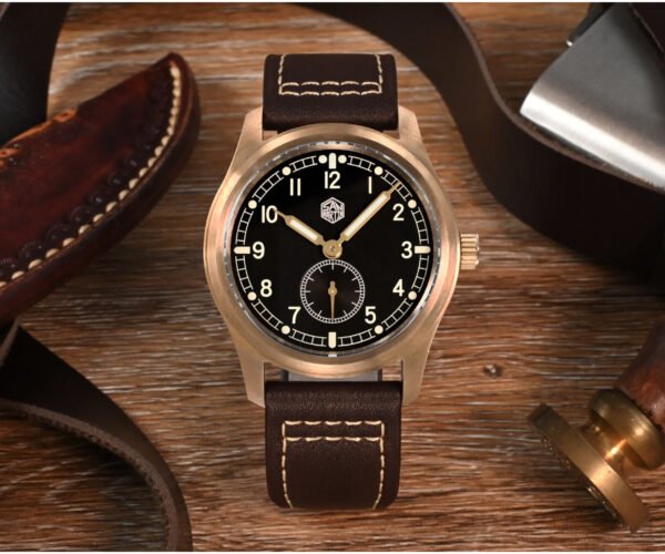 Bronze Watch SAN MARTIN 37mm bronze quartz military pilot watch 100 meters waterproof with RONDA 6004 SN034-Q-C