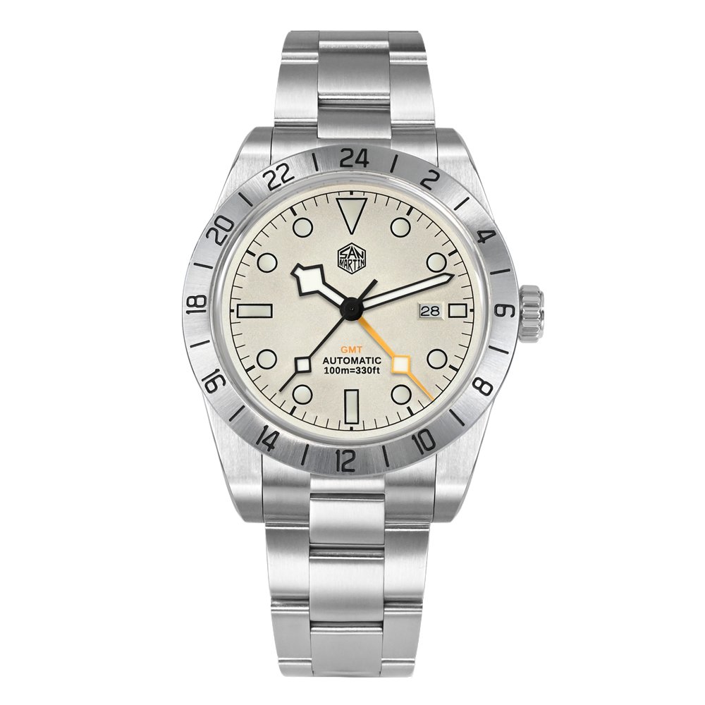 San Martin SN0054-G2-GMT 39mm GMT with white dial and date at 3, engraved steel 24-hour bezel, on bracelet