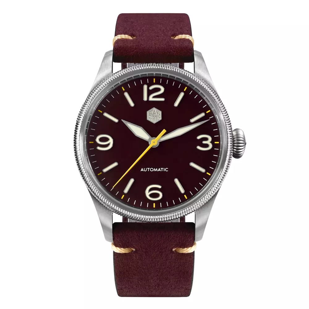 San Martin SN033-G2 with wine red sandblasted dial on burgundy leather strap