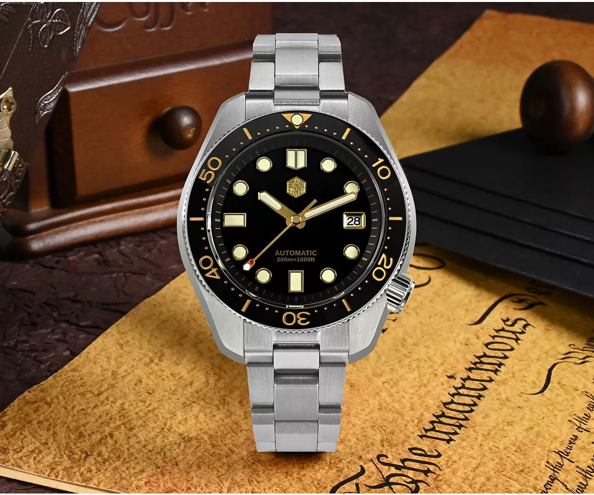 San Martin Watches New SN087-G 44mm NH35 Vintage MM300 Men Diving Watch Gilt Dial Automatic Mechanical Sapphire Waterproof 300M