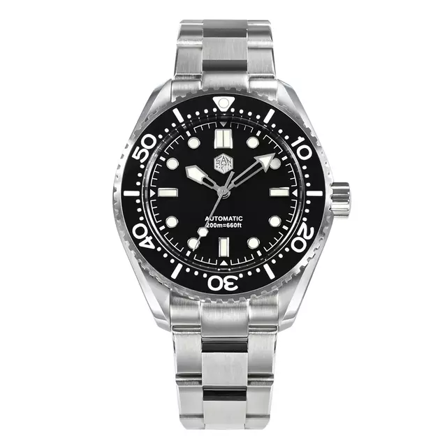 San Martin SN036-G with black enamel dial and black bezel on steel bracelet
