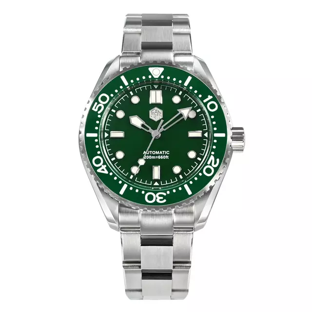 San Martin SN036-G with green enamel dial and green bezel on steel bracelet