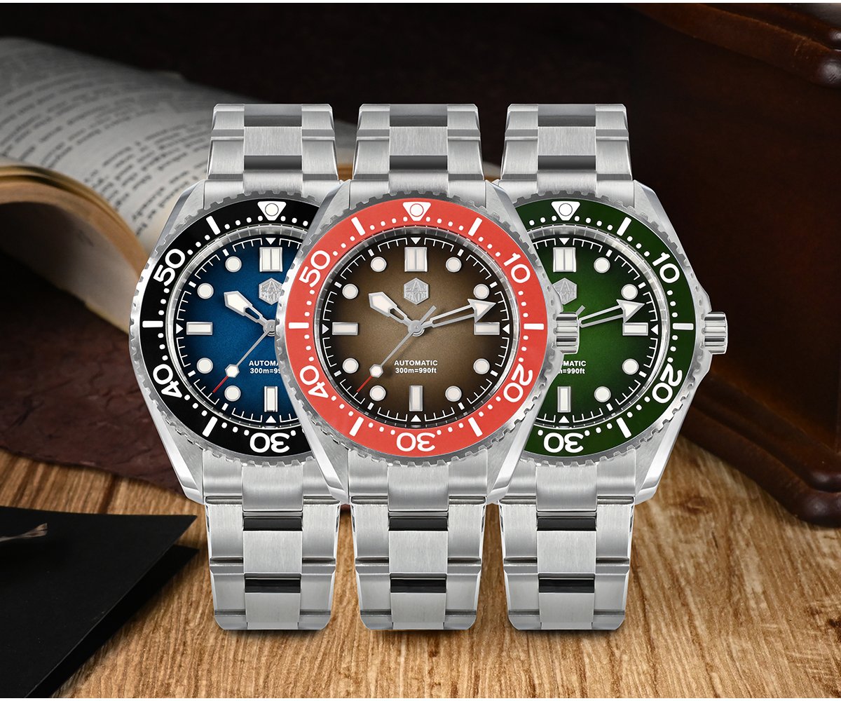 New Arrivals SAN MARTIN New Updated Men Diving Watch Helium Device NH35 Automatic Mechanical Luxury Vintage Gradient Dial Waterproof 300m SN036-G-B