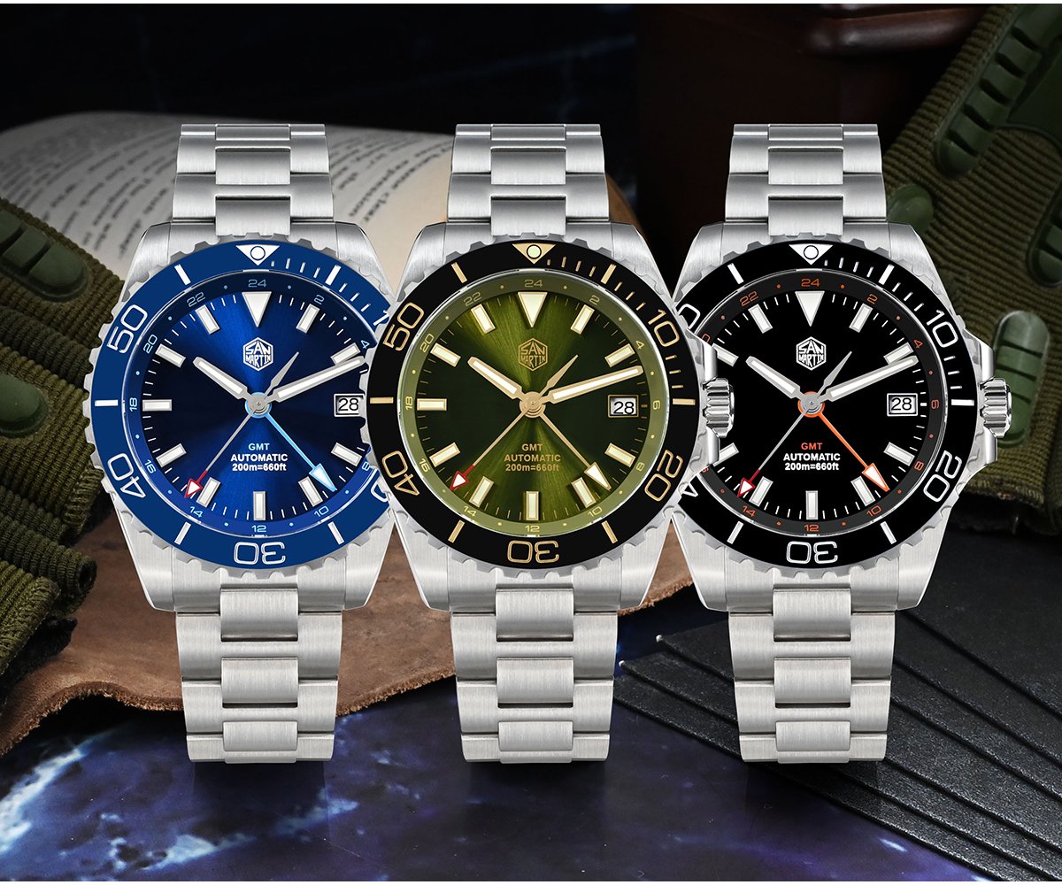 New Arrivals San Martin New San Martin New 39mm Diver GMT Watch Enamel Dial NH34 Stainless Steel Luxury Men Watch Automatic Mechanical Sapphire Luminous SN0136-G-GMT