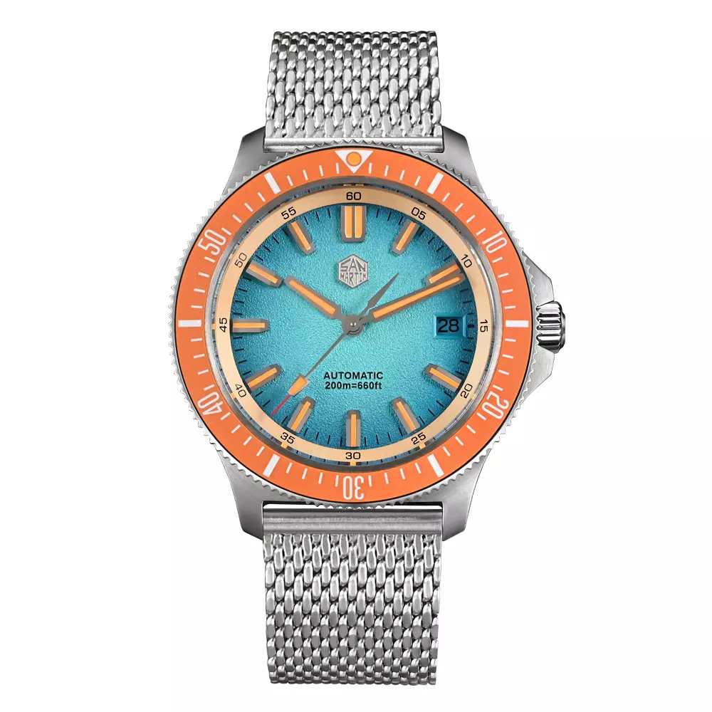 San Martin SN0118-G Gradient Light Blue Dial With Orange Bezel Insert
