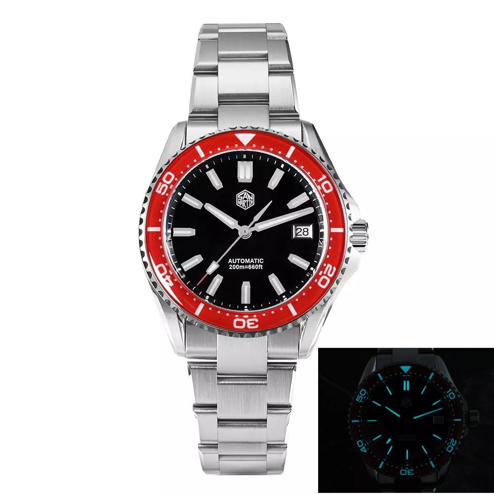 San Martin SN0129-D-CP Black Dial Red Bezel Insert