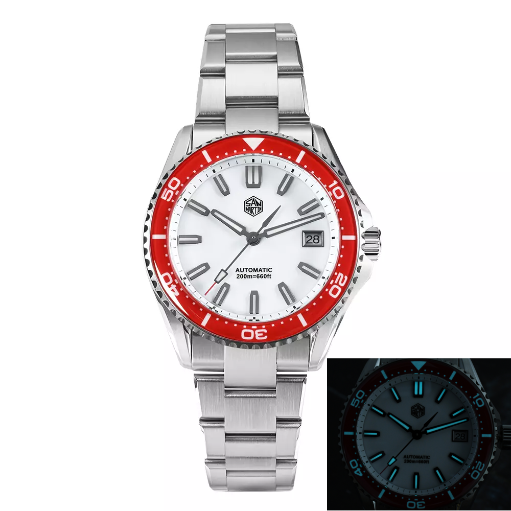 San Martin SN0129-D-CP White Dial Red Bezel Insert