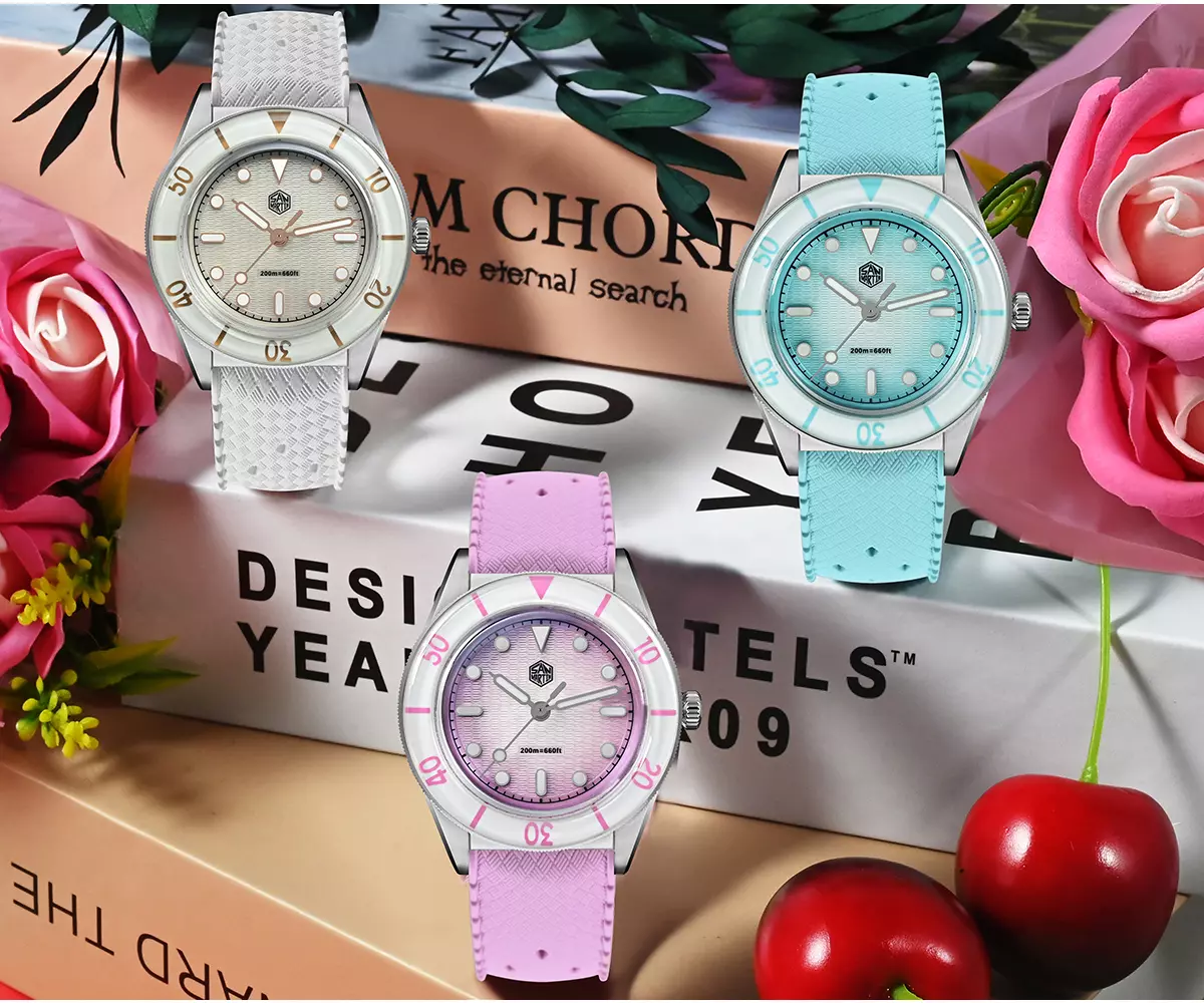 San Martin Watches New 32.5mm Original Design Female Dive Watch Quartz Ronda 703 Waterproof 200m wave texture MOP dial BGW-X1 Luminous SN0151-GS