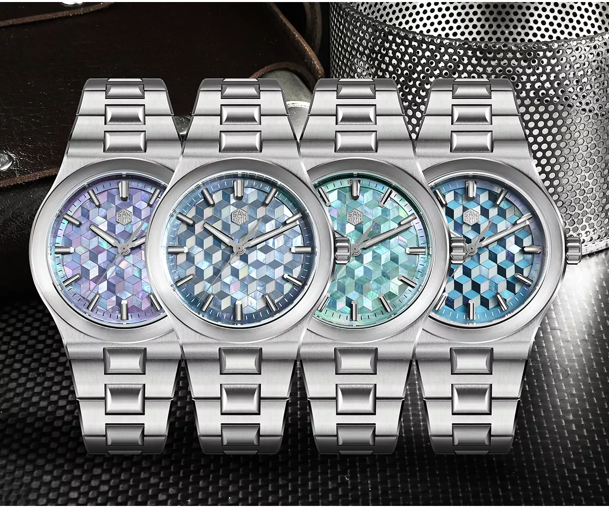 San Martin Watches New SN0149-GB 40mm Original Design Dive Watch Automatic Mechanical Miyota 90S5 Waterproof 100m 3D effect cube pattern MOP dial BGW-X1 Luminous