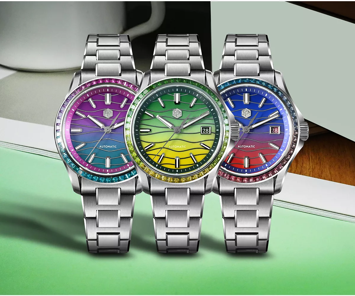 San Martin Watches New SN0150-A 39mm Original Design Dive Watch Automatic Mechanical Miyota 9015 Waterproof 100m Spliced/Mixed Color MOP dial BGW-X1 Luminous Color Stone Bezel