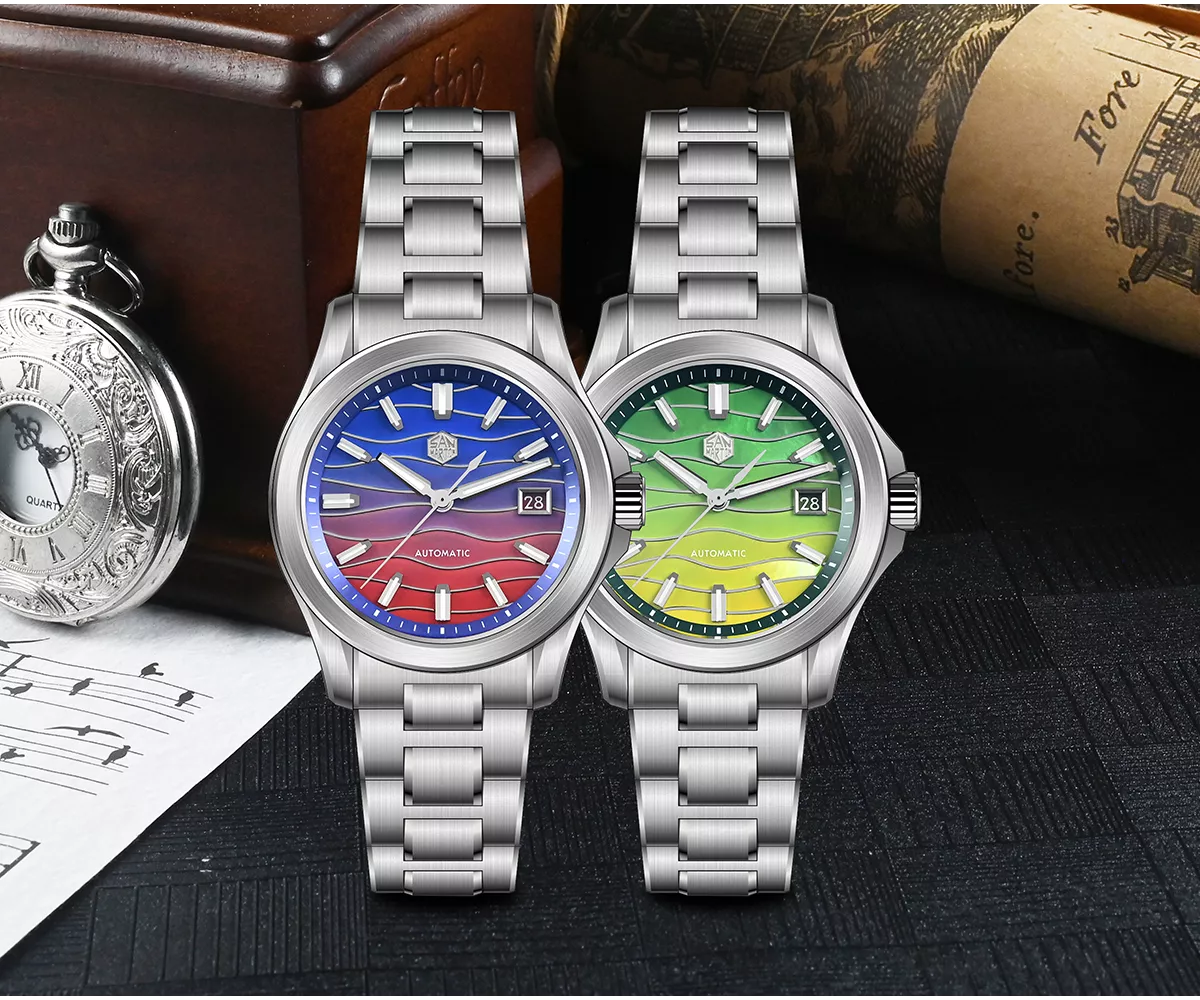 San Martin Watches New SN0150-G2 39mm Original Design Dive Watch Automatic Mechanical Miyota 9015 Waterproof 100m Spliced/Mixed Two Color MOP dial BGW-X1 Luminous